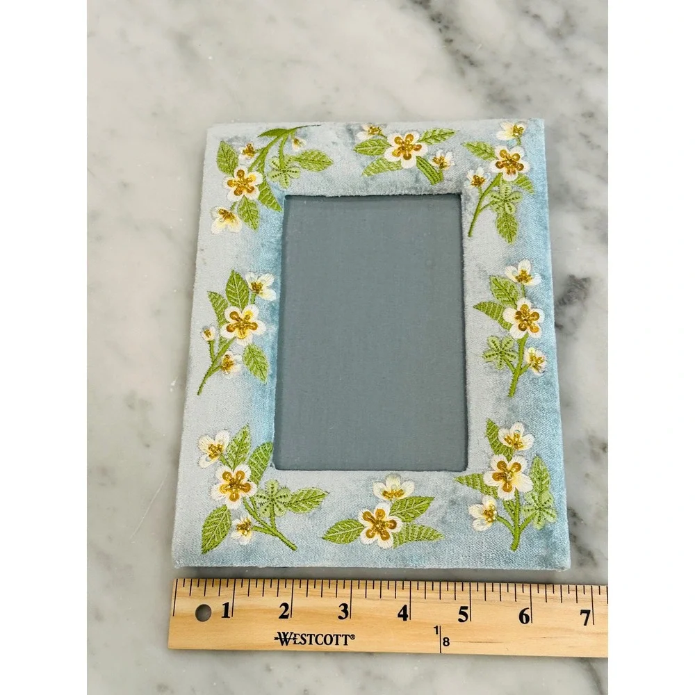 Grandmillennial Blue Velvet Floral Frame Embroidered Sequin 4x6 Shaila Anant